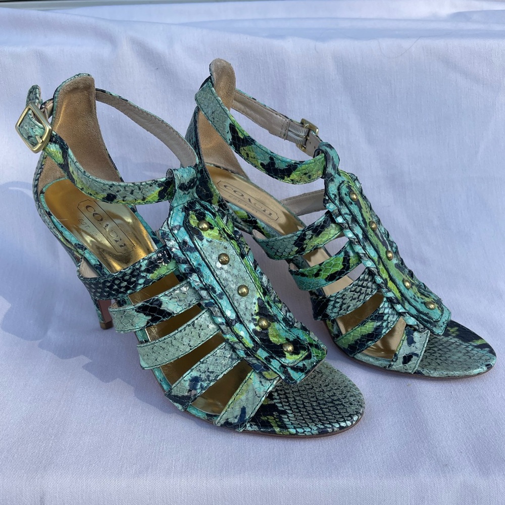 Coach caged gladiator snake print heels, size 7.5